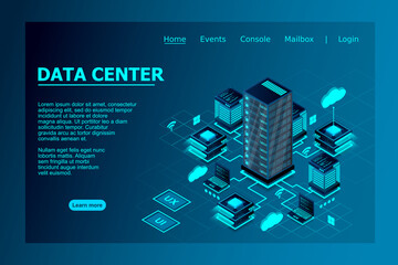 Fototapete - Illustration of servers connected with main server and laptop on blue background isometric design for Data center concept, data center connection, concept of cloud storage, data transfer.