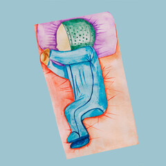 sweetly sleeping baby, toddler on his crib raw sketch. baby in a blue suit and a cap on a green head with peas on a soft lilac pillow and a lilac sheet sleeping with folded arms. mother's happiness, b