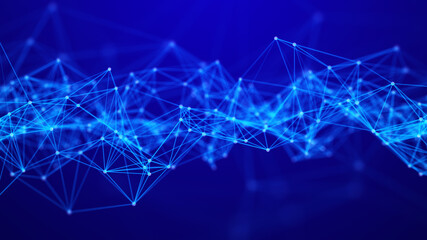 Fototapete - Network of bright connected dots and lines. Abstract dynamic wave of many points. Digital background. 3D rendering.