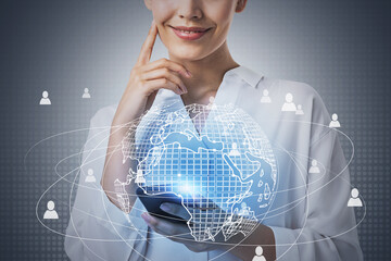 Poster - Smiling woman with phone, HR interface