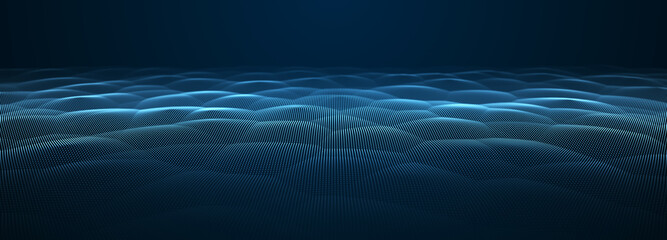 Poster - Abstract wave of particles. Smooth abstract gradient dynamic wave of many glowing particles. Network of neon dots. Big data. Digital background. 3d rendering