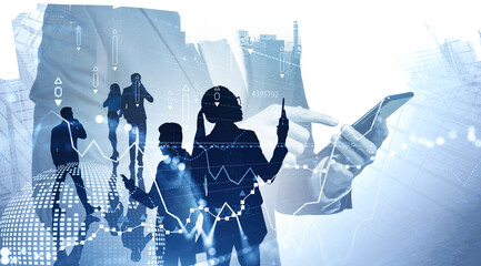 Poster - Man with phone, his team and graph