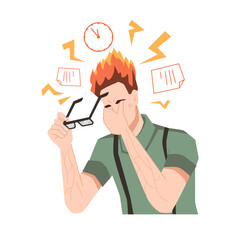 Poster - Male character stressed and exhausted of work, business tasks, deadlines and pressure at job. Man with head on fire and bolts icons. Depression and frustration of personage. Vector in flat style