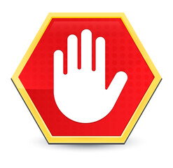 Poster - Stop hand icon abstract red hexagon button bright yellow frame elegant design