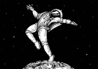 Wall Mural - Flat design, Astronaut stand on the moon. Vector illustration. Print for t-shirt, poster, banner.