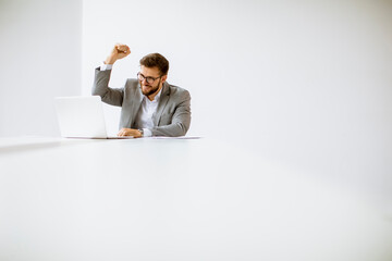 Wall Mural - Young man working on laptop in bright office