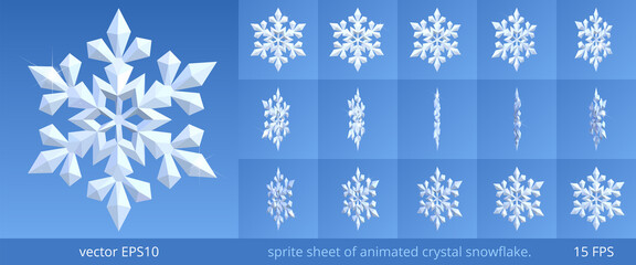 Animated crystal snowflake. Turning 3d icon of winter and frost. Vector sprite sheet for GIF, html, flash animation. Looped frame sequence, 15 FPS. Sparkling pieces of snow on a blue background.