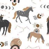 Seamless pattern with unicorns, constellations, moon, sun isolated on white in vintage boho style. Magical mystical background wrapping paper, Wallpaper, printing on the fabric. Vector illustration.