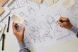 © Chaosamran_Studio - Designer sketching drawing design development product plan draft chair armchair Wingback Interior furniture prototype manufacturing production. designer studio concept .