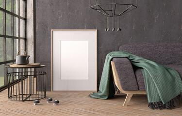 Loft style interior with empty poster frame, sofa and side table, frame mockup with matboard