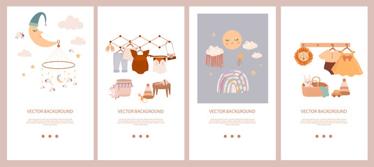 Wall Mural - Set of cute boho baby stories template in Scandinavian style. Cartoon doodle kids vertical background. Editable vector illustration.