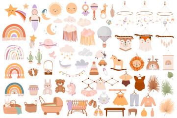 set of cute boho baby objects in scandinavian style. cartoon doodle kids clipart for baby shower inv