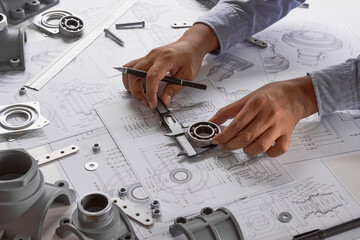 Aufkleber - Engineer technician designing drawings mechanical parts engineering Engine.manufacturing factory Industry Industrial work project blueprints measuring bearings caliper tools