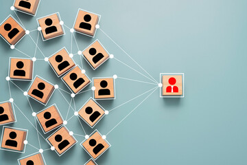 wooden cube block print screen person icon which link connection network for organisation structure 