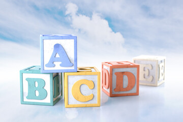 Poster - ABCDE Blocks on Cloud Background. 3D Rendering