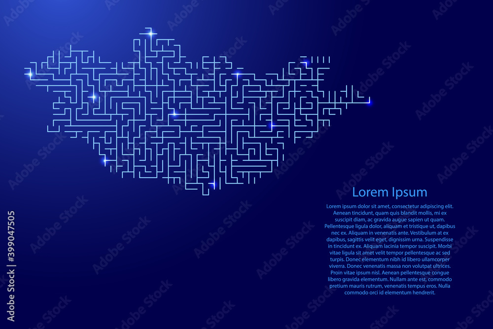 Mongolia map from blue pattern of the maze grid and glowing space stars ...