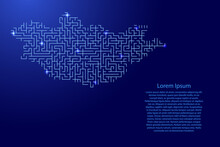 Mongolia Map From Blue Pattern Of The Maze Grid And Glowing Space Stars Grid. Vector Illustration.