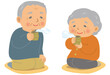 座って日本茶を飲む高齢者。おじいさんとおばあさん。