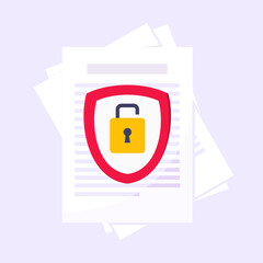 Wall Mural - Privacy policy, safety lock and data protection metaphor. Shield with padlock on the paper with personal data security protection symbol flat style design vector illustration.