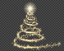 Christmas Tree, Golden Particle Wave In Form Of Christmas Tree With Bright Shining And Glowind Particles Isolated On Transparent Background. Glitter Bright Trail, Glowing Wave Vector Illustration