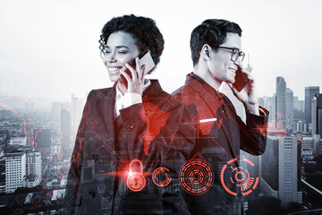 Wall Mural - Businessman and businesswoman as a part of corporate team processing conference call to protect clients confidential information at cybersecurity compliance division. IT lock icons over Kuala Lumpur.