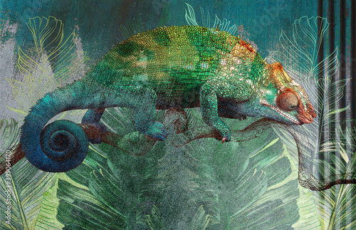 tropical-leaves-and-plants-with-drawn-chameleon-on-concrete-grunge-wall-great-choise-for-wallpaper-photo-wallpaper-mural-card-postcard-design-for-modern-and-loft-interiors