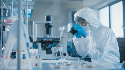 Wall Mural - beautiful female medical scientist wearing coverall and face mask looking at petri dish under micros