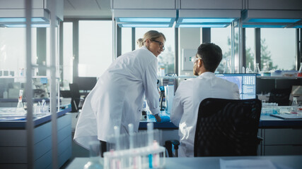 Wall Mural - in medical laboratory: chief microbiologist talks to a colleague about future research results. they