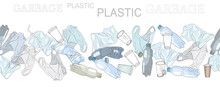 Different Kinds Of Plastic Garbage. Seamless Pattern Brush. The Concept Of Ecology And The World Cleanup Day.