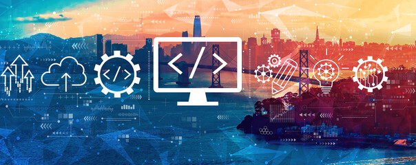 Web development concept with aerial view of the Bay Bridge in San Francisco