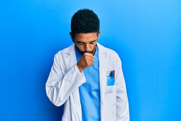 Poster - Handsome hispanic man with beard wearing doctor uniform feeling unwell and coughing as symptom for cold or bronchitis. health care concept.