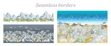 Vector Set Of Seamless Borders With Plastic Garbage And Straws On The Ocean And Mountains. Vector Hand Drawn Collection.