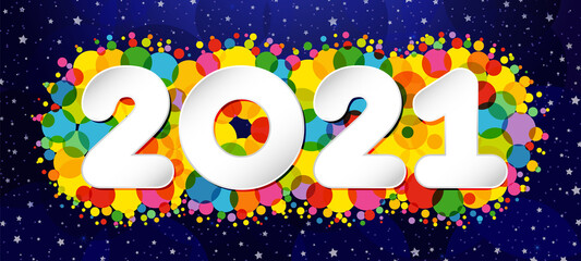 Wall Mural - 2021 A Happy New Year sign, congrats concept. Horizontal logotype. Snowy dark backdrop. Abstract isolated graphic design template. Decorative numbers. Colored digits. Creative Christmas decoration.