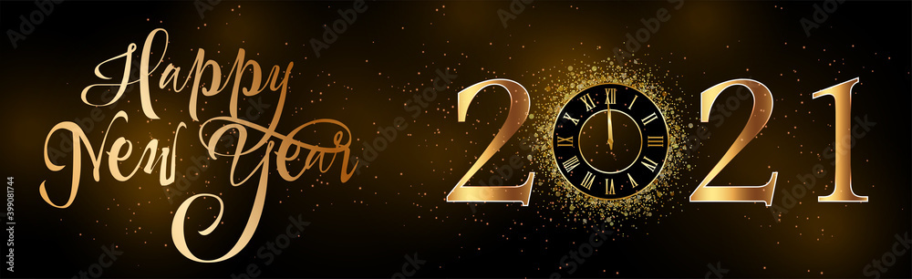card or banner on happy new year 2021 in gold on a gradient black brown background with a clock - obrazy, fototapety, plakaty 