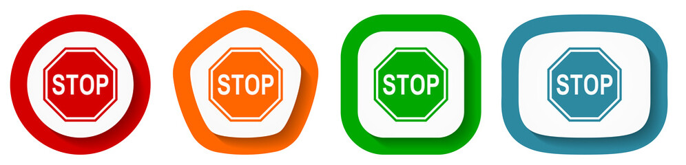 Poster - Stop, sign, danger, warning vector icon set, flat design buttons on white background