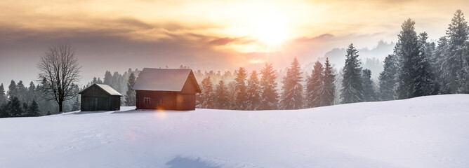 Canvas Print - Tief verschneite Berghütten im Winter