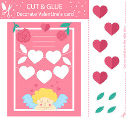 Wall Mural - Vector Saint Valentine day cut and glue activity. Holiday educational crafting game with cute cupid and hearts. Fun activity for kids with love theme. Decorate Valentine’s card. .