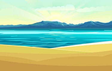 Seaside. Surf line. Sea and waves. On the horizon there is a rocky shore. Flat style illustration. Sand beach. Vector