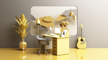 Poster - Working desk and chair Office with plant and living furniture set concept work at home with Window porthole in yellow and gray colour 2021 trend
3d rendering 