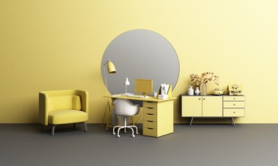 Poster - Working desk and chair Office with plant and living furniture set concept work at home with Window porthole in yellow and gray colour 2021 trend
3d rendering 