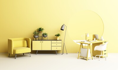 Poster - Working desk and chair Office with plant and living furniture set concept work at home with Window porthole in yellow and gray colour 2021 trend
3d rendering 