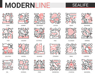 Wall Mural - Sealife outline mini concept symbols. Red black thin line infographic design east restaurant sea life modern thin line icons set.