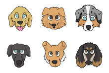 Cute Cartoon Puppy Breed Set Vector Clipart. Pedigree Kennel Rough Collie, Golden Retriever For Dog Lovers. Purebred Greyhound Smooth Collie And Borzoi Illustration. Isolated Hunting Hound. 