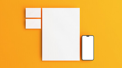 Wall Mural - Stationery branding mockup on a yellow background to insert your design. Flat lay style.