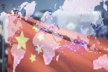 Poster - Double exposure of abstract digital world map on flag of China and blurry skyscrapers background, research and strategy concept