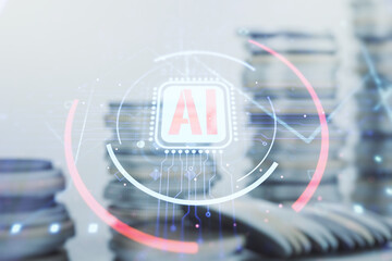 Aufkleber - Double exposure of creative artificial Intelligence abbreviation hologram on growing coins stacks background. Future technology and AI concept