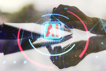 Aufkleber - Double exposure of creative artificial Intelligence abbreviation and hand working with a digital tablet on background. Future technology and AI concept
