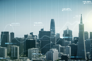 Aufkleber - Abstract virtual stats data hologram on San Francisco skyline background. Multiexposure