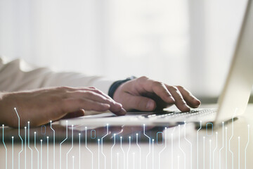 Poster - Double exposure of circuit hologram and hands typing on laptop on background. Research and development hardware concept