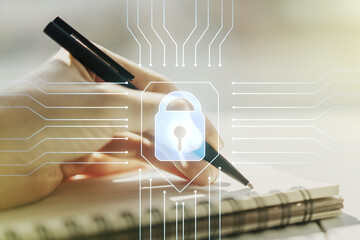 Poster - Creative idea concept with lock symbol and microcircuit illustration and with woman hand writing in notebook on background. Protection and firewall concept. Multiexposure